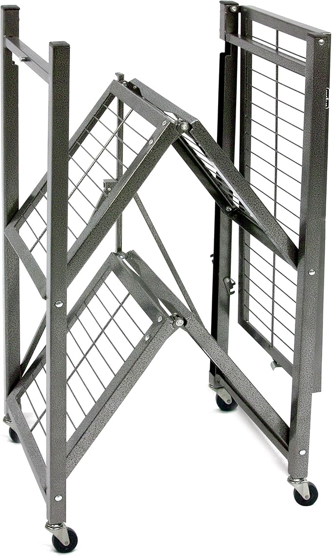 Origami 2 Pack 3 Tier Folding Shelves, Storage Shelving Rack Unit with Wheels, Pewter