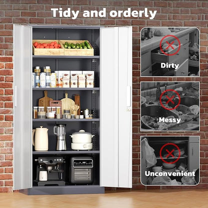 Greenvelly Metal Lockable Storage Cabinet, 72” Storage Cabinet with 2 Doors and 4 Adjustable Shelves for Office, Home, Garage, Pantry (Assembly Required, Grey White)