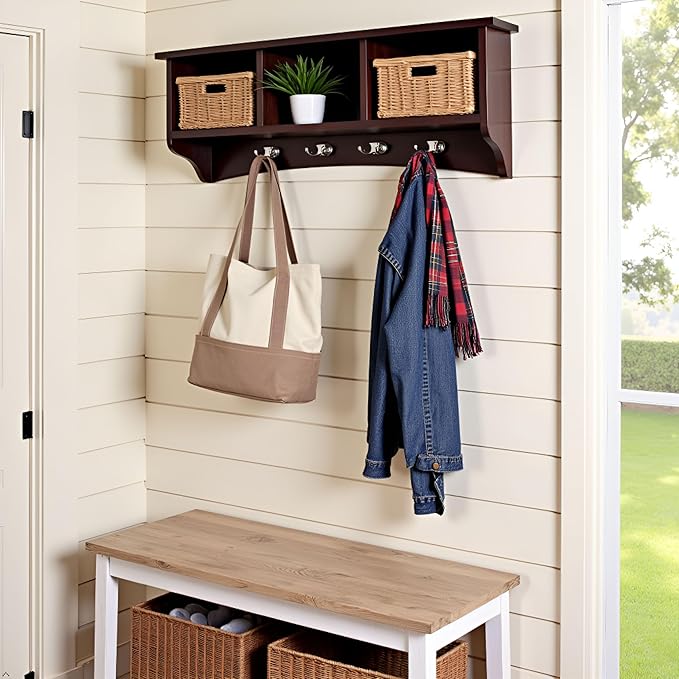 Shaker Cottage Wall-Mounted Coat Rack with 3 Storage Cubbies and 4 Hooks – Space-Saving Storage Rack and Wall Shelf Organizer for Entryway, Hallway, or Mudroom by Alaterre Furniture (Espresso Finish)