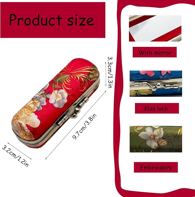 MIAO JIN Lipstick Case with Mirror Lipstick Holder Storage Bag Kiss Lock of Iron Mini Portable Vintage Floral Pattern Jewelry Cosmetic Case (Red)