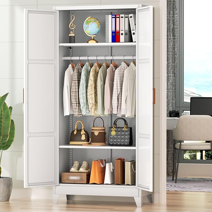 Bonusall 71" Metal Wardrobe,Steel Wardrobe Closet with Hanging Rod & Adjustable Shelves,Metal Storage Cabinet with 2 Doors, Decorative Metal Closet with Handles for Bedroom,Home Office Entryway