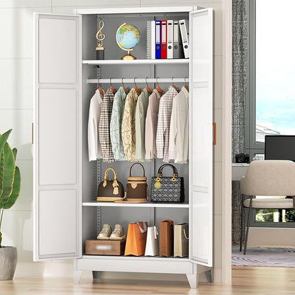 Bonusall 71" Metal Wardrobe,Steel Wardrobe Closet with Hanging Rod & Adjustable Shelves,Metal Storage Cabinet with 2 Doors, Decorative Metal Closet with Handles for Bedroom,Home Office Entryway