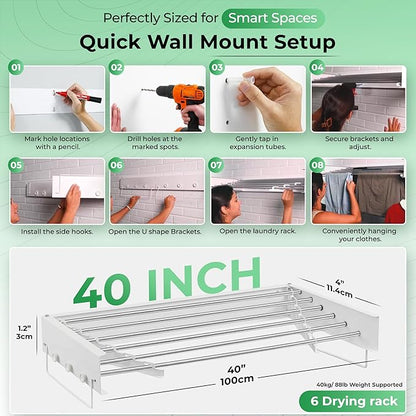 Laundry drying rack wall mount(40-INCH White), a wall mount clothes drying rack solution with reinforced metal frame, easy installation in tight spaces and foldable; drying rack clothing wall mounted.