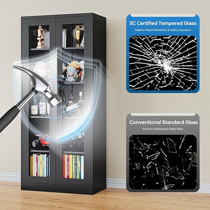 Display Cabinet with Glass Doors, 71 Inches Metal Display Case with 4 Adjustable Shelves, Curio Storage Cabinet with Lock for Home, Office, Book, Pantry, Assemble Required (Black)