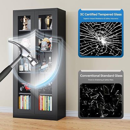 Display Cabinet with Glass Doors, 71 Inches Metal Display Case with 4 Adjustable Shelves, Curio Storage Cabinet with Lock for Home, Office, Book, Pantry, Assemble Required (Black)