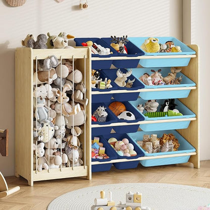 Kids Toy Storage Organizer, 2-in-1 Stuffed Animal Storage & Toy Organizer w/12 Bins, Solid Wood Toy Rack Featuring Thicker Elastic Ropes, Playroom Nursery Bedroom Storage, Blue