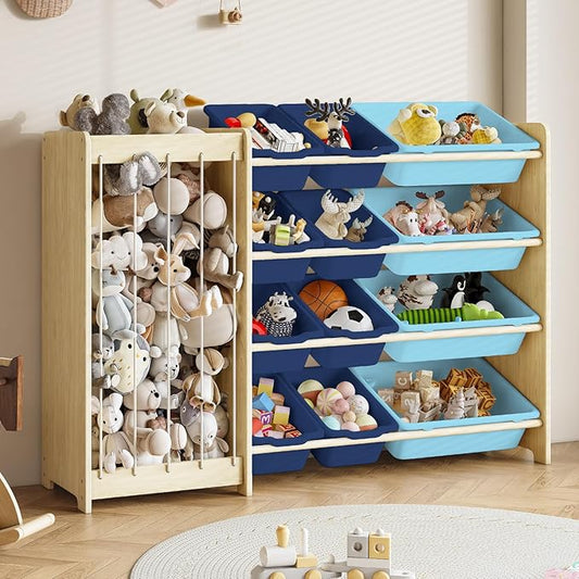 Kids Toy Storage Organizer, 2-in-1 Stuffed Animal Storage & Toy Organizer w/12 Bins, Solid Wood Toy Rack Featuring Thicker Elastic Ropes, Playroom Nursery Bedroom Storage, Blue
