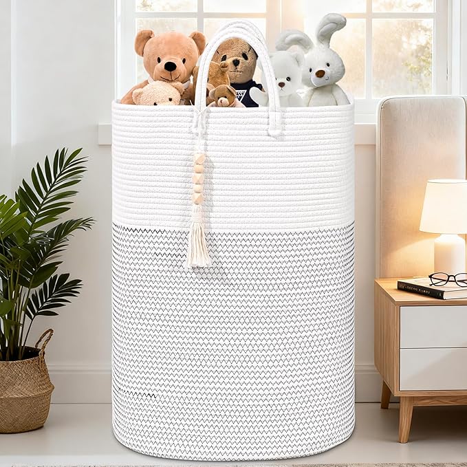 Woven Laundry Basket for Clothes, 100 L Large Rectangle Laundry Hampers with Beads Tassel, Nursery Storage Basket for Toys, Tall Dirty Clothes Hamper for Bedroom Aesthetic, Laundry Room Organization