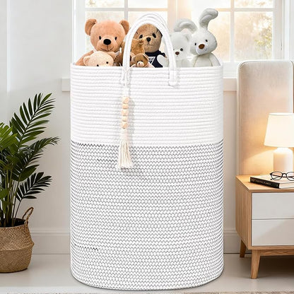 Woven Laundry Basket for Clothes, 100 L Large Rectangle Laundry Hampers with Beads Tassel, Nursery Storage Basket for Toys, Tall Dirty Clothes Hamper for Bedroom Aesthetic, Laundry Room Organization