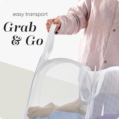 Handy Laundry Mesh Popup Hamper - Two Compartments, Collapsible for Storage and Easy to Open. Folding Pop-Up Clothes are Great for The Kids Room, College Dorm or Travel. (White)