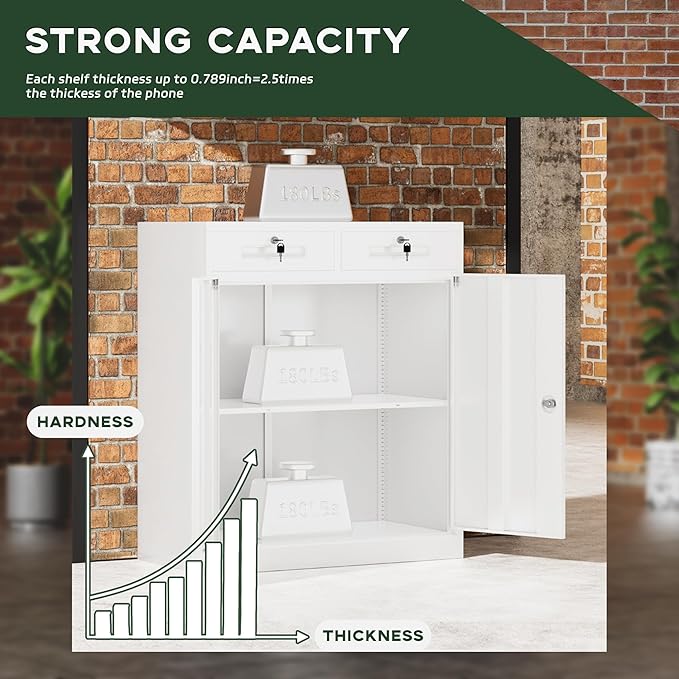 Greenvelly Metal Storage Cabinet, 42" H Metal Locking Storage Cabinet with 2 Drawers and Adjustable Shelf, Lockable Garage Storage Cabinets for Office, Garage, Home (White)