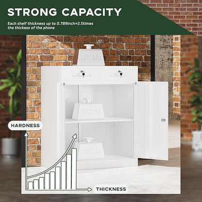 Greenvelly Metal Storage Cabinet, 36" H Metal Locking Storage Cabinet with 2 Drawers and Adjustable Shelf, Lockable Garage Storage Cabinets for Office, Garage, Home (White)