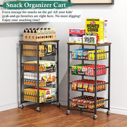 Fruit Basket, 5-Tier Utility Kitchen Organizer and Storage Cart with Pull-Out Baskets and Wood Top, Rolling Pantry Kitchen Cart on Wheels for Fruit Potato Onion Vegetable Snack Produce