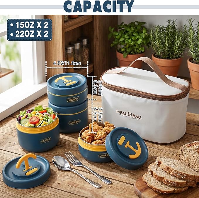 Dandat 4 Pcs Insulated Bento Box Portable Stainless Steel Food Container Round Stackable Leakproof Thermal Food Container for Adult Men Women with Insulated Bag, 74 oz(Royal Blue)