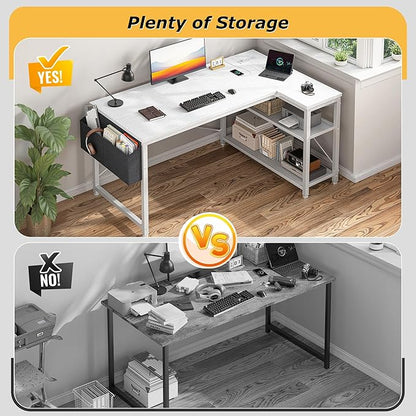 EnHomee 48 Inch L Shaped Computer Desk with Storage Shelves & Side Bag, Office Desk with Power Outlets, Small Corner Desk for Gaming Working Small Space Home Office Bedroom, Study Writing Table, White