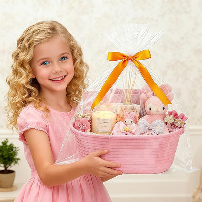 Christmas Baskets for Gifts Empty, Small Woven Basket with Gift Bags & Ribbons, Empty Gift Baskets for Thanksgiving Baby Shower, Cute Nursery Storage Organizer Pet Toy Box 12"X 8" X 5 (Pink, 2 Pack)