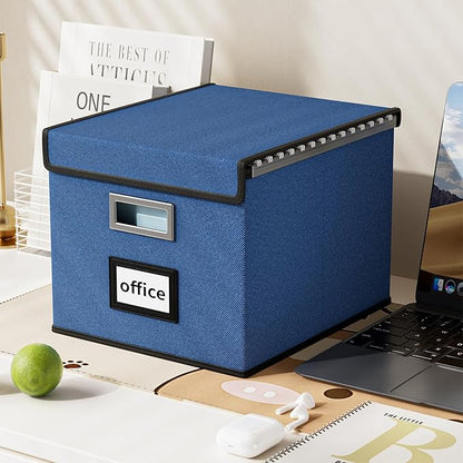 Huolewa Decorative File Organizer Boxes Office Document Storage with Lids, Portable Collapsible Linen Hanging Filing & Storage Boxes for Office/Decor/Home (Royal Blue) -14.9 x 12.7 x 10.8 inch -2 Pack