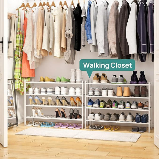 White 4-Tier Long Shoe Rack, Bamboo Wood, 33-Inch