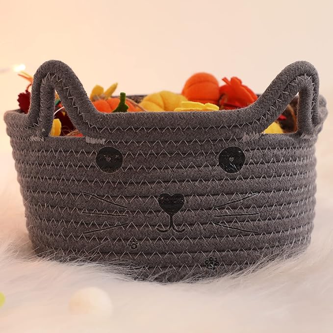 Zopeal Cat Basket Storage Woven Organizer with Ears Easter Decorative Gift Pet Toy Cute Cotton Rope Basket for Gift Cat Dog Toy Bin Nursery Room(8.3 x 4.7 Inch,Gray)