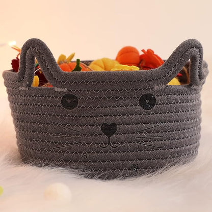 Zopeal Cat Basket Storage Woven Organizer with Ears Easter Decorative Gift Pet Toy Cute Cotton Rope Basket for Gift Cat Dog Toy Bin Nursery Room(8.3 x 4.7 Inch,Gray)