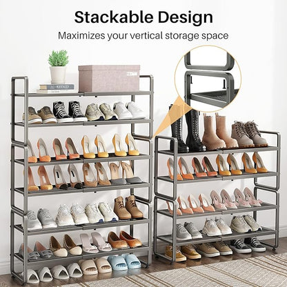 Shoe Rack - Expandable Shoe Organizer for Closet, Adjustable Metal Shoe Shelf Storage, Stackable Long Shoe Stand Holder for Garage, Entryway, Door Entrance (Grey, 4-Tier)