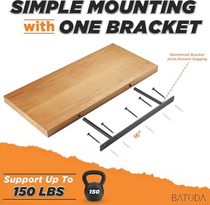 BATODA - 16" Heavy Duty Floating Shelf Bracket (2 pcs)–Solid Steel Blind Shelf Supports - Hidden Brackets for Floating Wood Shelves - Blind Shelf Support - Shelving Mounting Hardware Included (Pack 2)
