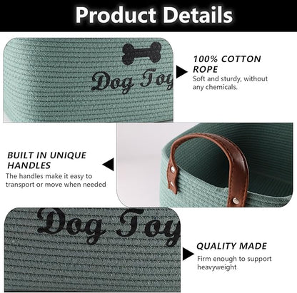 Geyecete X-Large Cotton Rope Dog Basket with Leather handle Blanket Storage Basket Decorative Clothes Hamper Basket | Extra Large Baskets for Blankets or Laundry-Geen