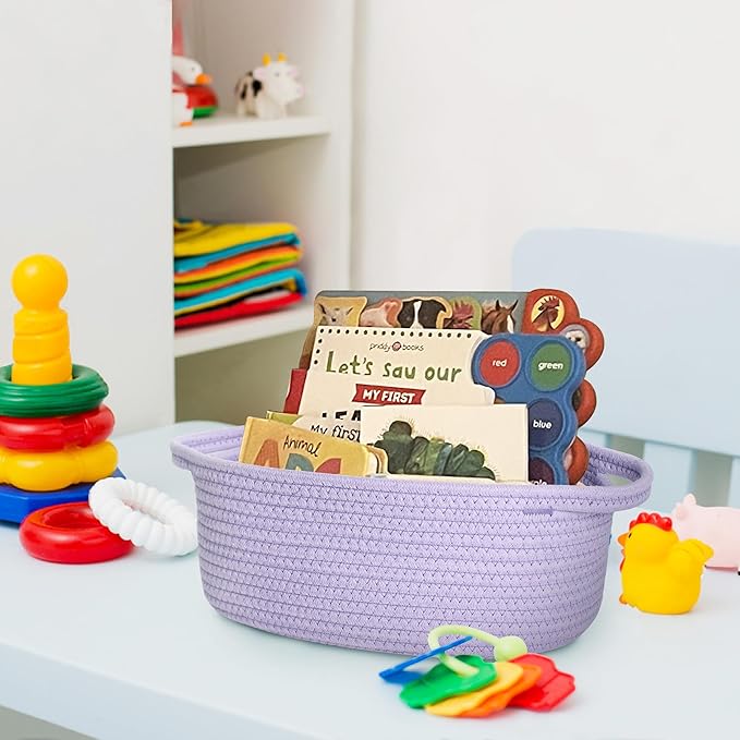 Small Woven Gift Basket, Baskets for Gifts Empty, Cotton Rope Cat Dog Toy Bin Box, Nursery Baby Basket, Wicker Basket with Handles, Shelf Storage Basket for Home Decor, Purple, 12"x 8"x 5"