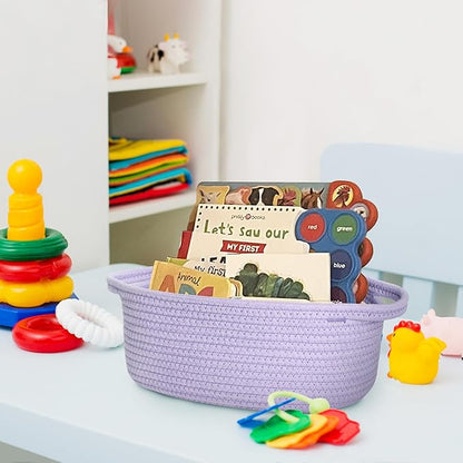 Small Woven Gift Basket, Baskets for Gifts Empty, Cotton Rope Cat Dog Toy Bin Box, Nursery Baby Basket, Wicker Basket with Handles, Shelf Storage Basket for Home Decor, Purple, 12"x 8"x 5"