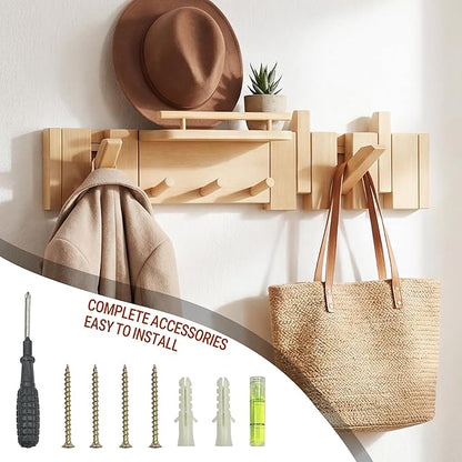 Mid Century Modern Walnut Foldable Entryway Wall Coat Hanger Hook with Shelf,Heavy Duty Wooden Piano Hidden Towel Hooks for Bathroom,Wall Rack for Purse&Key&Mail,Home Decor (Natural, 7 Hooks)