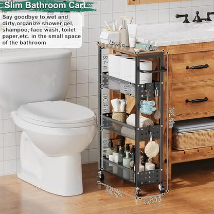 Utility Slim Storage Cart, Skinny Rolling Spice Rack with Table Top, Small Laundry Organizers and Storage Shelves for Between Washer and Dryer, Thin Shelf for Narrow Spaces, 4 Tier Bathroom Cabinet