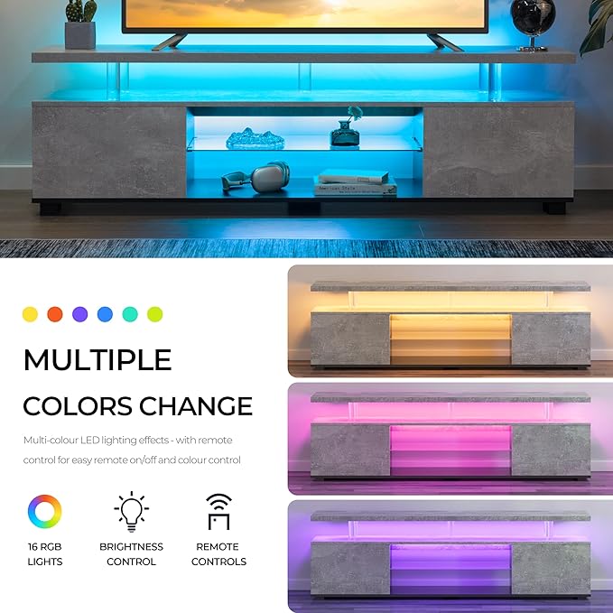 Grey TV Stands for Living Room,Glass TV Stand, LED TV Stand for 75+ inch TV,Entertainment Center for Living Room,Bedroom,Home Office