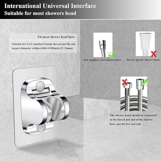 Shower Head Holder Shower Wand Holder Wall Mount Adhesive Adjustable Handheld Shower Holder No Drilling Shower Head Bracket, Silver