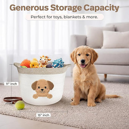 Golden Retriever/Labrador Dog Toy Basket, 15x11 Inch Woven Cotton Rope Storage Bin with Puppy Patch, Large Pet Organizer for Toys, Blankets, Leashes, Living Room Decor (Beige/White)