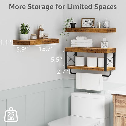 QEEIG Bathroom Shelves Over Toilet - Floating Shelf for Wall Toilet Paper Storage Farmhouse 16 inch Set of 3, Rustic Brown (029-40BN3)