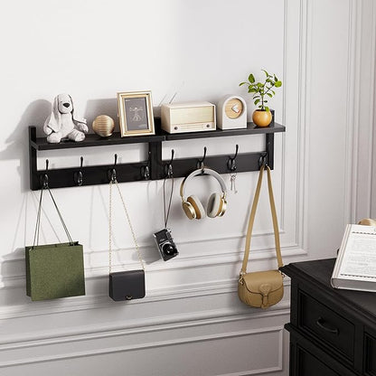 Coat Rack with Shelf, 2 Pack Bamboo Wall-Mounted Coat Hanger with 8 Hooks for Entryway, Hallway, Kitchen, Bathroom, Living Room, Utility Room (Black)