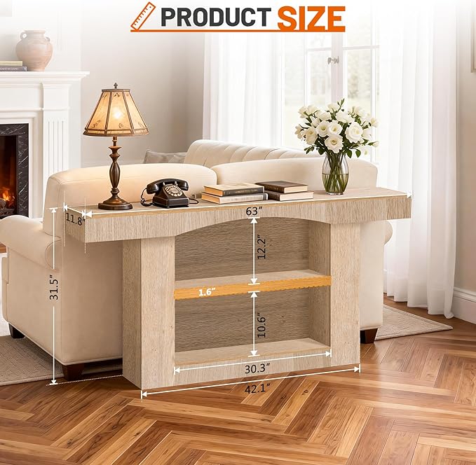 63 Inch Entryway Table Three-Shelf Cabinet, Wooden Console Table with Socket Farmhouse Sofa Table for Entrance, Hallway, Living Room,Behind Couch(Oak Brown)