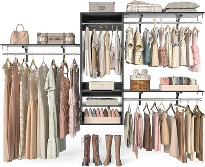 96 Inch Hanging Closet System, 8 FT Closet Organizer System with Hanging Rod, Walk In Mounted Closet System, Built-In Clothes Garment Rack with 3 Shelving Towers(Can Be Cut To Fit), Black