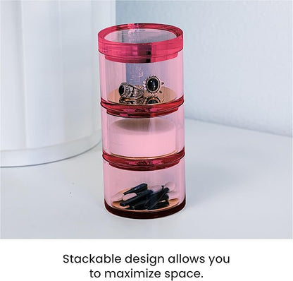 OfficeGoods 3-Tier Stackable Acrylic Holder- Stylish Desk Organizer and Storage for Office or Home – Transparent Round Design, Pink with Silver Metal Base