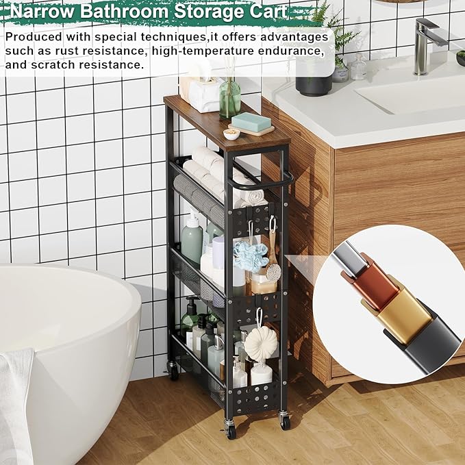 Utility Slim Storage Cart, Skinny Rolling Spice Rack with Table Top, Small Laundry Organizers and Storage Shelves for Between Washer and Dryer, Thin Shelf for Narrow Spaces, 4 Tier Bathroom Cabinet