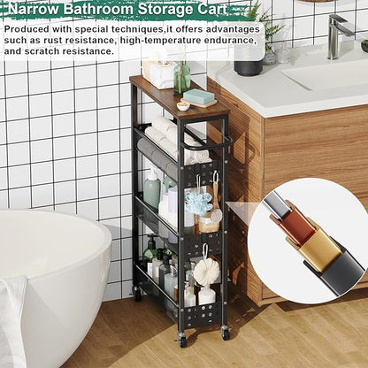 Utility Slim Storage Cart, Skinny Rolling Spice Rack with Table Top, Small Laundry Organizers and Storage Shelves for Between Washer and Dryer, Thin Shelf for Narrow Spaces, 4 Tier Bathroom Cabinet