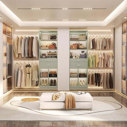 Closet System, 4-8 FT Closet Organizer Tower with 2 Wooden Drawers and 5 Hanging Rods, Can Fit 60 to 96 inch Walk-in Closet System, Crab Green