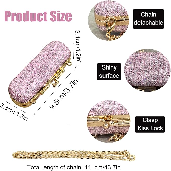 MIAO JIN Mini Crystal Lipstick Case Bling Rhinestone Cosmetic Storage bag with Metal chain Lipstick Storage Holder Makeup jewelry case（Pink）