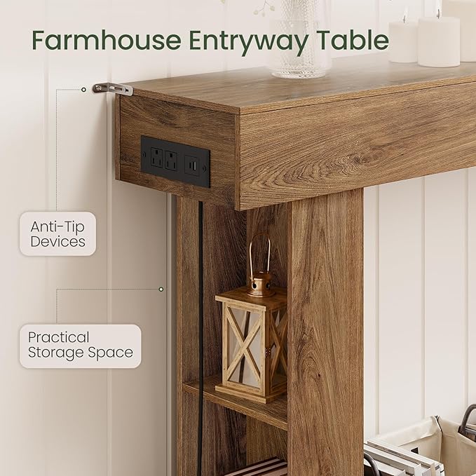 63" Long Console Table, Narrow Entryway Table with Charging Station and LED Lights, 2-Tier Farmhouse Behind Couch Table with Storage, for Entryway, Light Walnut and Black MXG04UJS