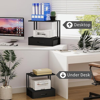 Printer Stand with Storage for Desk, with Fabric Drawer Desktop Printer Stand Shelf Organzier for Home Office, for Above and Under Desk Printer Table, Fax Machine Copier Scanner, Black