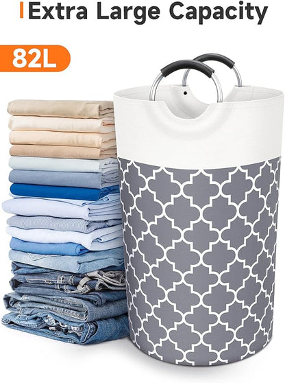 Large Laundry Basket Laundry Hamper Bag Washing Bin Clothes Bag Collapsible Tall with Handles Waterproof Travel Bathroom College Essentials Storage for College Dorm, Family (Grey) 82L