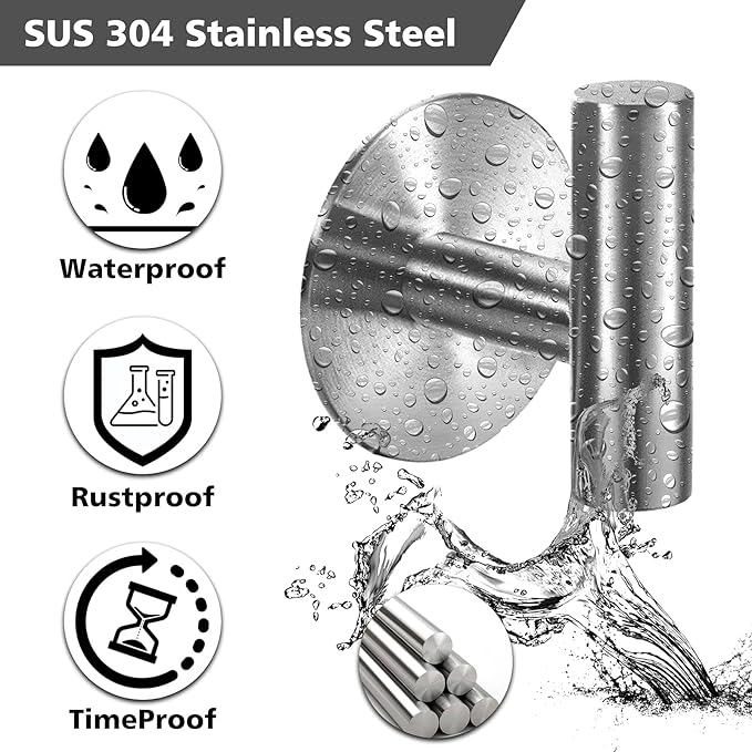 Adhesive Towel Hooks Heavy Duty Wall Hooks Stainless Steel Waterproof Shower Towel Hooks, Coat Hook for Hanging Clothes, Adhesive Hook for Bathroom, Glass Window, Kitchen- 2 Pack, Silver