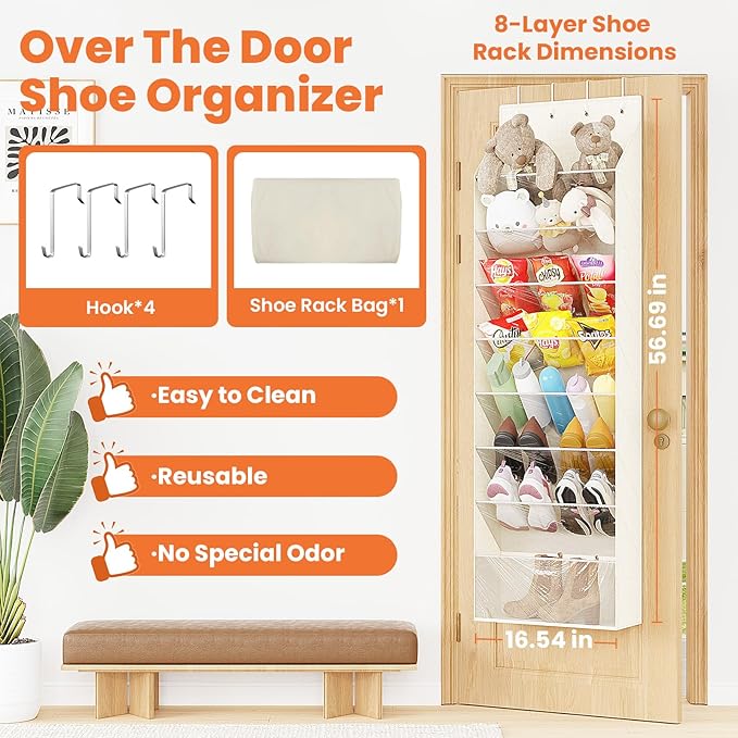 8-Tier Over The Door Organizer, Space Saving Hanging Shoes Organizer and Storage Unit, Organizer for Closet, Bedroom, Entryway, White