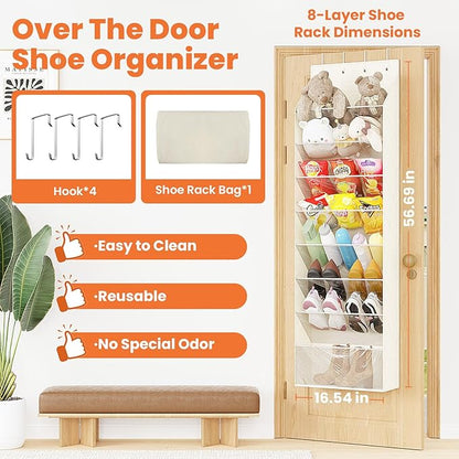 8-Tier Over The Door Organizer, Space Saving Hanging Shoes Organizer and Storage Unit, Organizer for Closet, Bedroom, Entryway, White