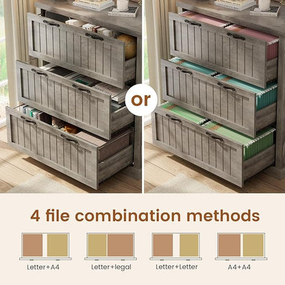 SEDETA 3 Drawer File Cabinet, Farmhouse Filing Cabinet for Home Office, Wood Office File Cabinets for Letter/Legal/A4 Size, Lateral File Cabinets with Printer Stand for Study Room, Living Room (Grey)